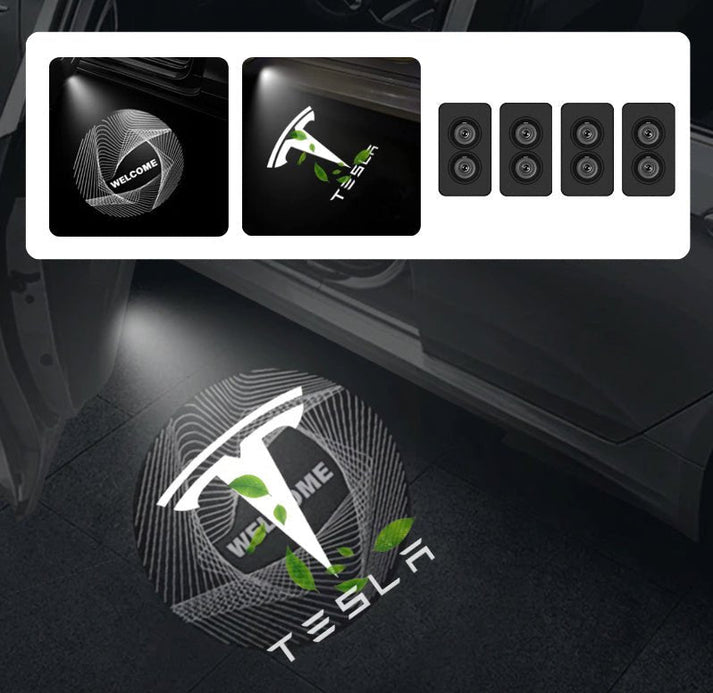 Animated GIF showing Style B puddle light: a dynamic 'Welcome' text with Tesla logo.