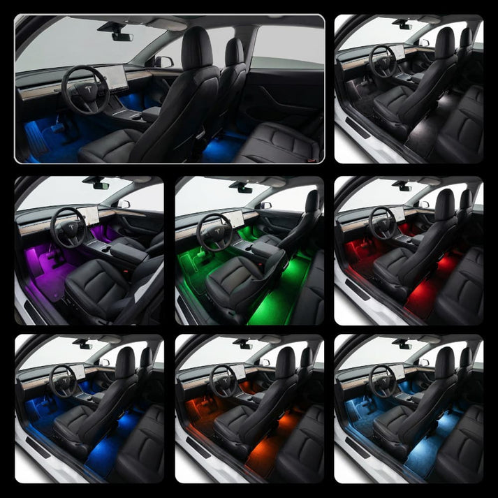 A Tesla's interior footwell glowing with a dynamic, multi-color light effect.